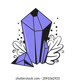 Isolated vector illustration of purple crystal with line art leaves and monograms