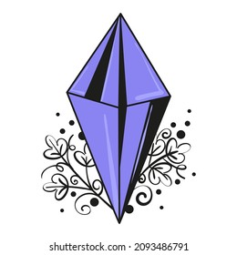 Isolated vector illustration of purple crystal with line art leaves and monograms