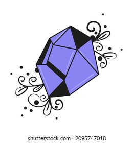 Isolated vector illustration of purple crystal with line art leaves and monograms
