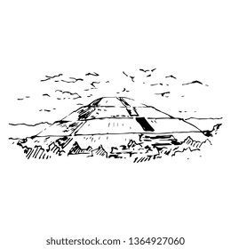 Isolated vector illustration. Pyramid of the Sun in Teotihuacan. Ancient Mexican Pre Columbian Aztec architecture. Had drawn sketch. Black silhouette on white background.