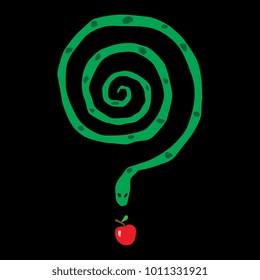 Isolated vector illustration. Question mark made of a serpent and an apple. Biblical metaphor. Cartoon style.