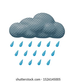 Isolated vector illustration of rainy gray cloud during thunderstorm. Cartoon weather poster of drops fall from overcast cloud with climate pattern in nature element or symbol for art print.