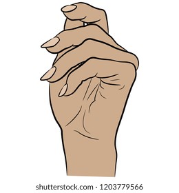Isolated vector illustration. Raised up beautiful female Caucasian hand in elegant gesture. Hand drawn linear sketch. Cartoon style.