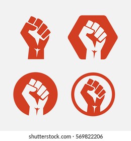 Isolated Vector Illustration. Raised Fist Set Red Logo Icon