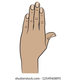 Isolated vector illustration. Raised up human Caucasian hand with tightly pressed fingers. Hand drawn linear sketch. Cartoon style.