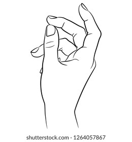 Isolated vector illustration. Raised up human female hand in elegant gesture. Hand drawn linear sketch. Black silhouette on white background.