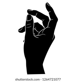 Isolated vector illustration. Raised up human female hand in elegant gesture. Black and white linear silhouette. Cartoon style.