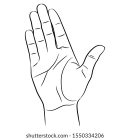 Isolated vector illustration. Raised up human male hand with open palm. Vote or stop gesture. Black and white linear silhouette.