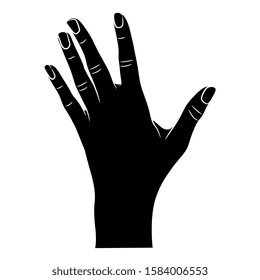 Isolated vector illustration. Raised up human female hand with open fingers. Top view. Black and white silhouette.
