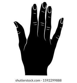 Isolated vector illustration. Raised up human female hand. Top view. Black and white silhouette.