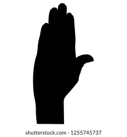 Isolated vector illustration. Raised up open human hand with tightly pressed fingers. Black silhouette on white background.