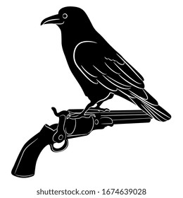 Isolated vector illustration. Raven or crow standing on vintage revolver or pistol. Black and white silhouette. Creative concept.
