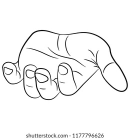 Isolated vector illustration. Reached out open human male palm. Hand drawn linear sketch. Black and white silhouette.