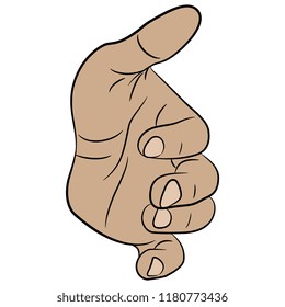 Isolated vector illustration. Reached out open human male palm. Hand drawn linear sketch. Cartoon style.