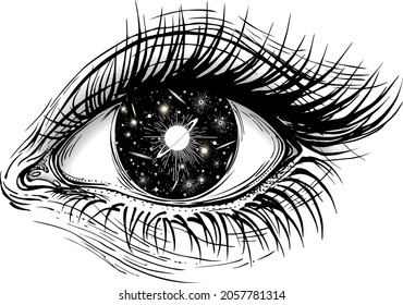 Isolated vector illustration of realistic human eye of a girl with universe of stars, comets, galaxies and deep black space iris.