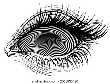 Ilustración vectorial aislada del ojo humano realista de una muchacha con iris de vórtice hipnótico espiral a rayas.