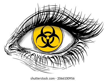 Isolated vector illustration of realistic human eye of a girl with biohazard symbol iris.