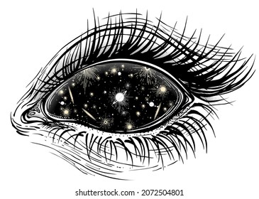 Isolated vector illustration of realistic human black eye of a girl with planets hypnotic pupil on galaxy background.