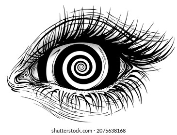 Isolated vector illustration of realistic human eye of a girl with spiral hypnotic iris.
