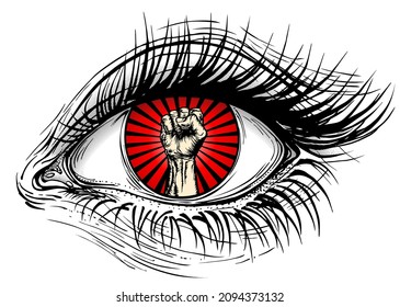 Ilustración vectorial aislada del ojo humano realista de una niña con puño fuerte en un iris de rayo rojo.