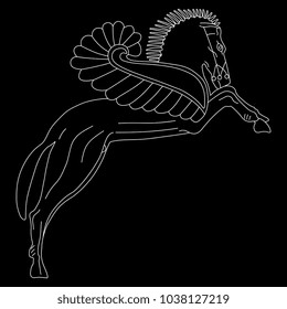 Isolated vector illustration of a rearing winged horse Pegasus. Ancient Greek mythology. Based on authentic vase painting image. Linear white silhouette on black background.