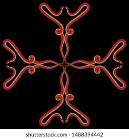 Isolated vector illustration. Rectangular animal decor. Cross made of stylized snakes. Gothic medieval style. On black background.
