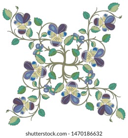 Isolated vector illustration. Rectangular floral decor with branches of pansy flower. Vintage style. 