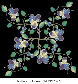 Isolated vector illustration. Rectangular floral decor with branches of pansy flower. Vintage style. On black background.