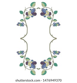 Isolated vector illustration. Rectangular floral decor or frame with branches of pansy flowers. Viola tricolor. Vintage style.
