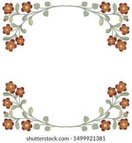 Isolated vector illustration. Rectangular floral decor or frame. Square background with branches of leaves and flowers. Folk style.