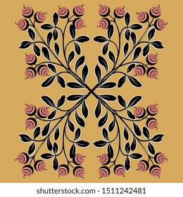 Isolated vector illustration. Rectangular floral decor with stylized silhouetted branches with leaves and berries. Folk style.