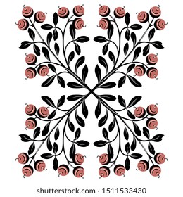 Isolated vector illustration. Rectangular floral decor with stylized silhouetted branches with leaves and berries. Folk style.