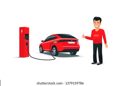 Isolated vector illustration of red electric car suv charging at charger station and smiling person. Young man with smile likes his new battery autonomous sharing vehicle. Future transportation. 