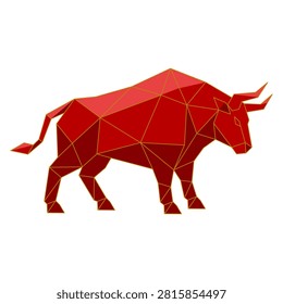 An isolated vector illustration of a red geometric bull, designed in a low poly style with golden outlines. The polygonal animal stands in profile, representing the Taurus zodiac sign.