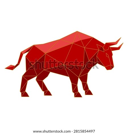An isolated vector illustration of a red geometric bull, designed in a low poly style with golden outlines. The polygonal animal stands in profile, representing the Taurus zodiac sign.
