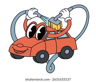 Ilustración vectorial aislada de una historieta de estilo retro de un lavado de coches