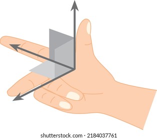 Isolated vector illustration of Fleming’s Right Hand Rule. 
Diagram showing position of thumb as direction of force, forefinger as magnetic field and second finger as direction of current. 