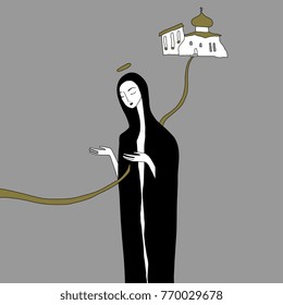 Isolated vector illustration. The Road to Temple. Christian female archetype. Based on hand drawn original style art.