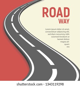 Isolated vector illustration of roadway. Flat transportation infrastructure element banner template. Winding road, transportation, logistics vector banner. Vectors.