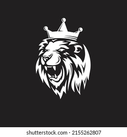 An isolated vector illustration of a roaring lion with a crown on a black background