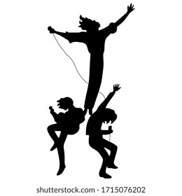 Isolated vector illustration. Rock-n-roll band. Three performing rock musicians. Black and white silhouette.