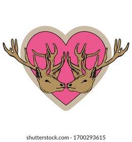 Isolated vector illustration. Romantic symmetrical animal decor. Heads of two deer in love and stylized heart shape.
