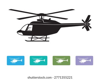 Isolated vector illustration of rotary wing aircraft profile featuring main rotor tail rotor and landing skids.