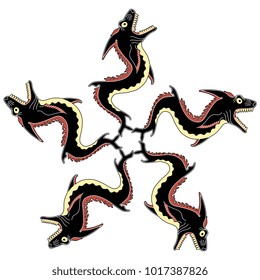 Isolated vector illustration. Round abstract decor made of five fantastic monster fish. Based on ancient Greek art.