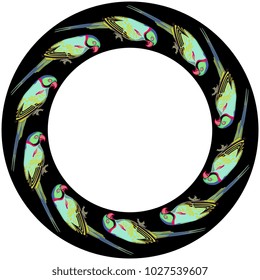 Isolated vector illustration. Round abstract frame made of green parrots in black ring. Cartoon style.