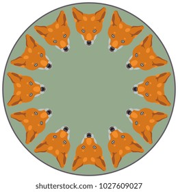 Isolated vector illustration. Round abstract background with stylized fox faces. Cartoon style.