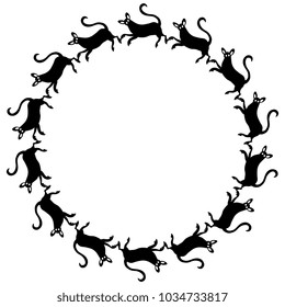 Isolated vector illustration. Round abstract frame made of silhouettes of stylized mice or small animal. Based on traditional Mexican Otomi Tenango embroidery motif.