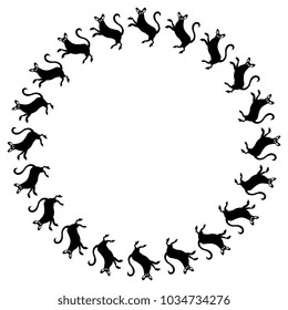 Isolated vector illustration. Round abstract frame made of silhouettes of stylized dancing mice or small animal. Based on traditional Mexican Otomi Tenango embroidery motif.