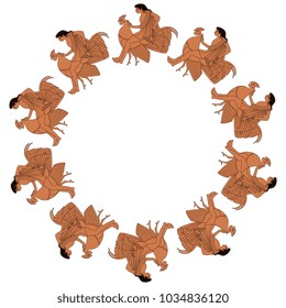 Isolated vector illustration. Round abstract frame or border made of silhouettes of fantastic characters. Young man astride a rooster. Ancient Greek mythology. Based on vase painting motif.