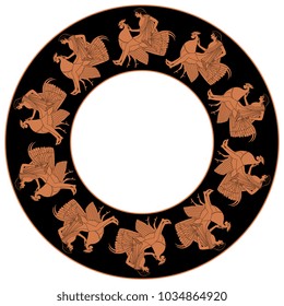 Isolated vector illustration. Round abstract element, frame or texture with silhouettes of fantastic characters in a ring. Young man astride a rooster. Ancient Greek mythology. Based on vase painting 